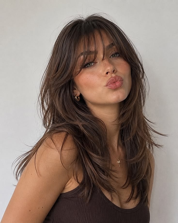 20 Layered Hairstyles That Instantly Add Volume and Movement (Wait Until You See #20!) - 17. The Brunette Curtain-Bang Cascade 1
