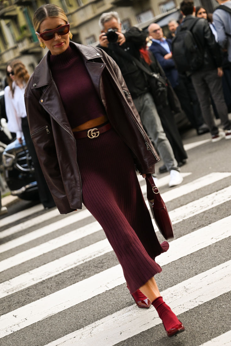 20 Milan Street Style Looks That Prove Italian Women Own Fall Fashion - 20. Burgundy Knit Set with a Leather Jacket 1