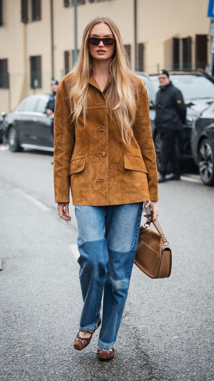 20 Milan Street Style Looks That Prove Italian Women Own Fall Fashion - 7. Caramel Suede, Relaxed Denim, and Penny Loafers 1