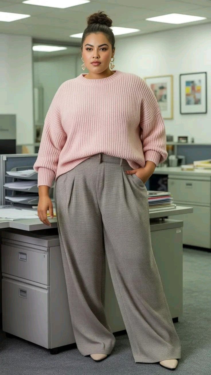 20 Plus-Size Office Outfits That Look Polished, Powerful, and Anything But Boring - 02. Soft Pink Knit, Sharp Gray Trousers 1