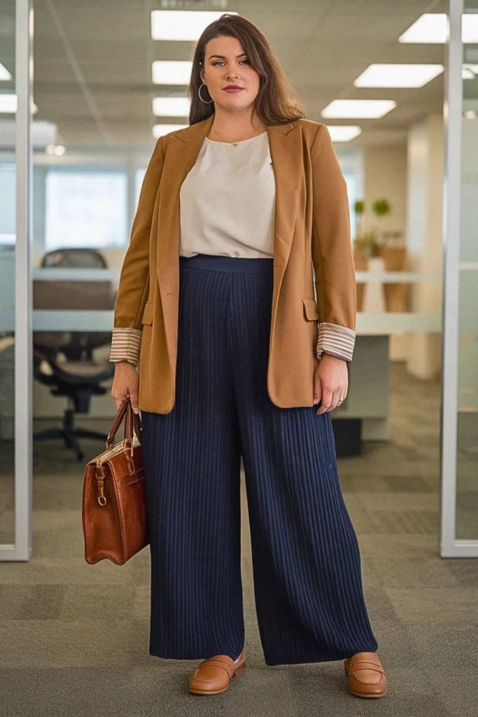 20 Plus-Size Office Outfits That Look Polished, Powerful, and Anything But Boring - 05. Camel Blazer over Navy Pleats 1