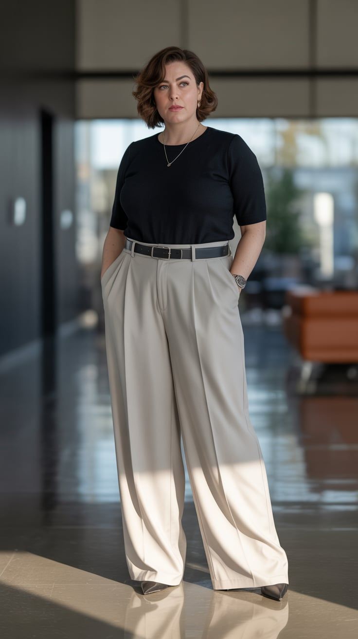 20 Plus-Size Office Outfits That Look Polished, Powerful, and Anything But Boring - 07. Black Tee and Cream Trousers, Done Right 1