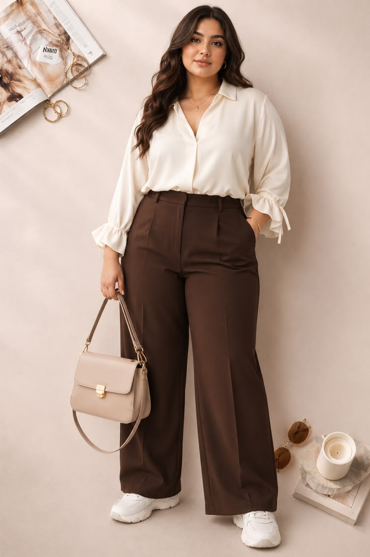 20 Plus-Size Office Outfits That Look Polished, Powerful, and Anything But Boring - 10. Cream Ruffle Blouse with Chocolate Trousers 1