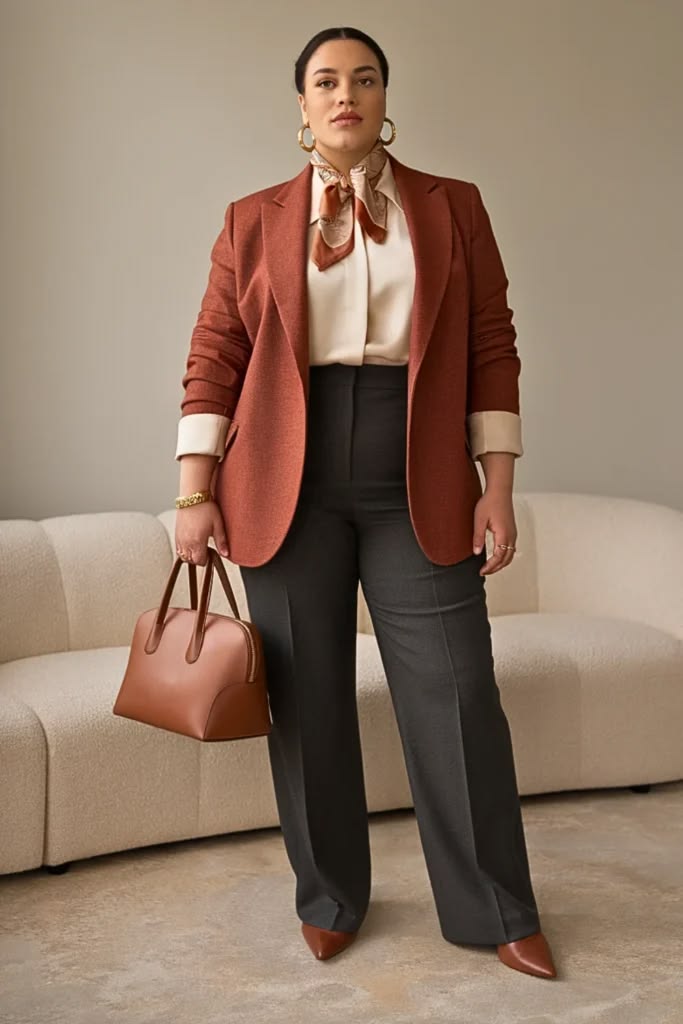 20 Plus-Size Office Outfits That Look Polished, Powerful, and Anything But Boring - 12. Rust Blazer and a Silk Scarf 1