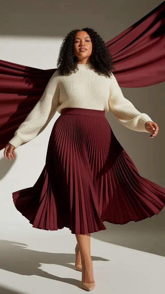 20 Plus-Size Office Outfits That Look Polished, Powerful, and Anything But Boring - 13. Cream Knit with a Burgundy Pleated Skirt 1