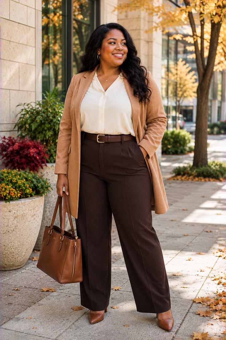 20 Plus-Size Office Outfits That Look Polished, Powerful, and Anything But Boring - 14. Long Camel Blazer with Chocolate Wide Legs 1