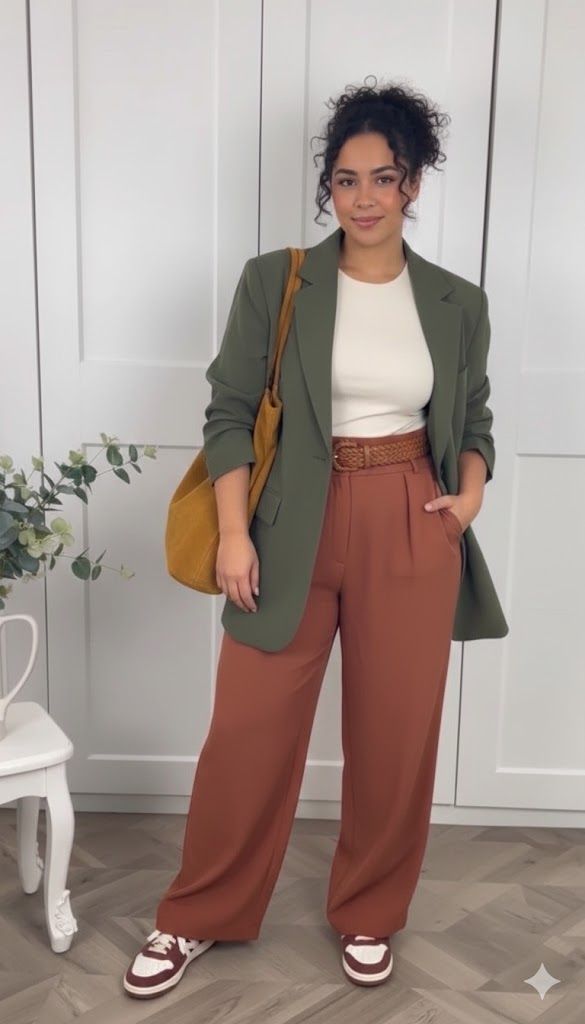 20 Plus-Size Office Outfits That Look Polished, Powerful, and Anything But Boring - 16. Olive Blazer and Rust Trousers with Sneakers 1