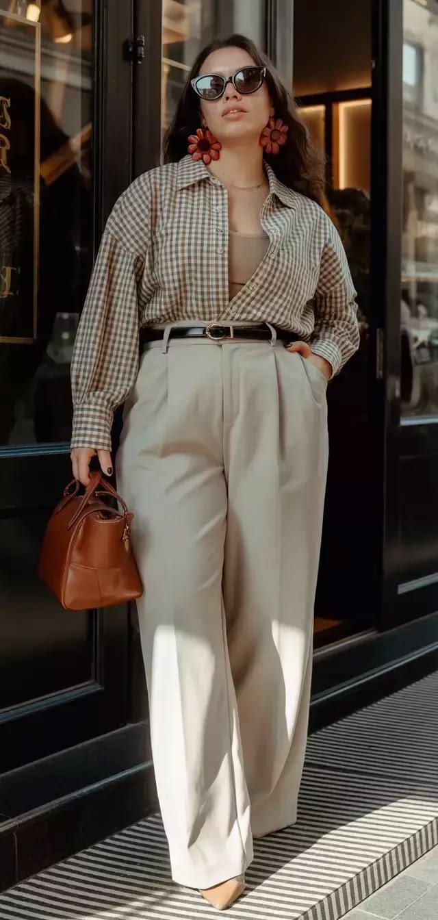 20 Plus-Size Office Outfits That Look Polished, Powerful, and Anything But Boring - 18. Gingham Shirt with Cream Trousers 1