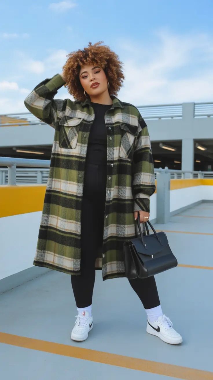 20 Plus Size Shacket Outfits That Make Fall Layering Look Effortlessly Chic - 10. Long Olive Plaid with Sporty Black Layers 1