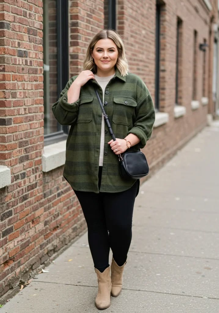 20 Plus Size Shacket Outfits That Make Fall Layering Look Effortlessly Chic - 11. Solid Olive Shacket with Black Leggings and Tan Booties 1