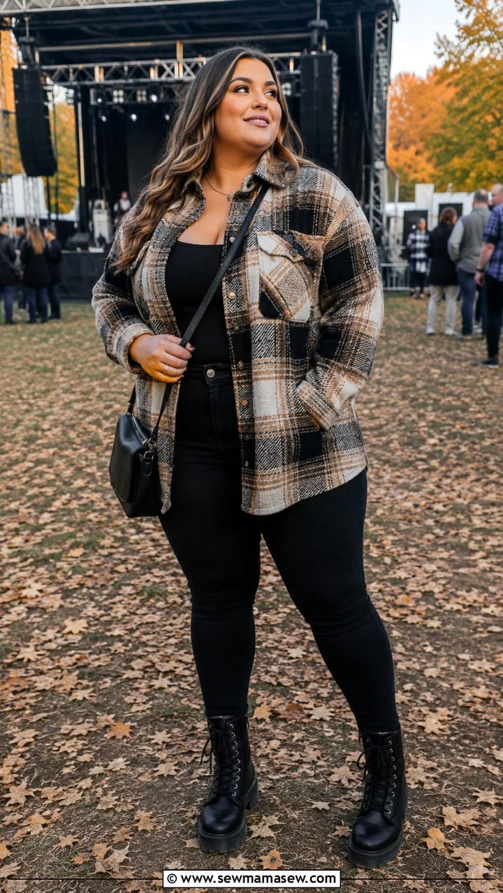 20 Plus Size Shacket Outfits That Make Fall Layering Look Effortlessly Chic - 12. Concert-Ready Plaid with Black Basics and Combat Boots 1