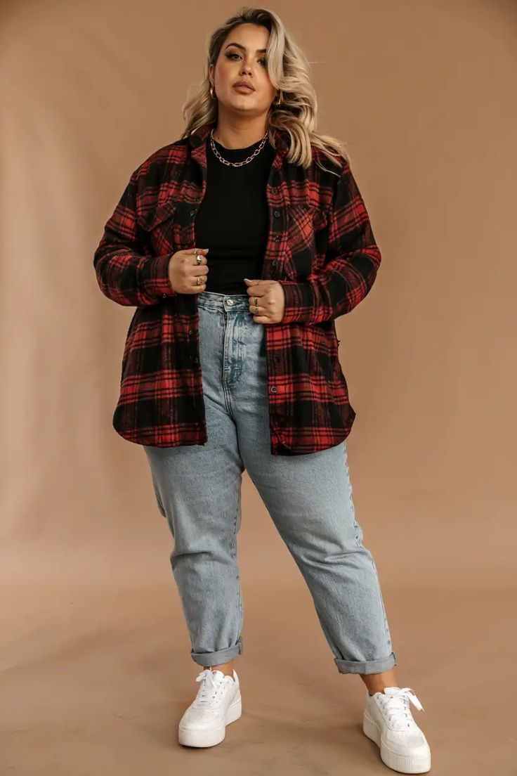 20 Plus Size Shacket Outfits That Make Fall Layering Look Effortlessly Chic - 14. Red Plaid, Cuffed Jeans, and Classic White Trainers 1