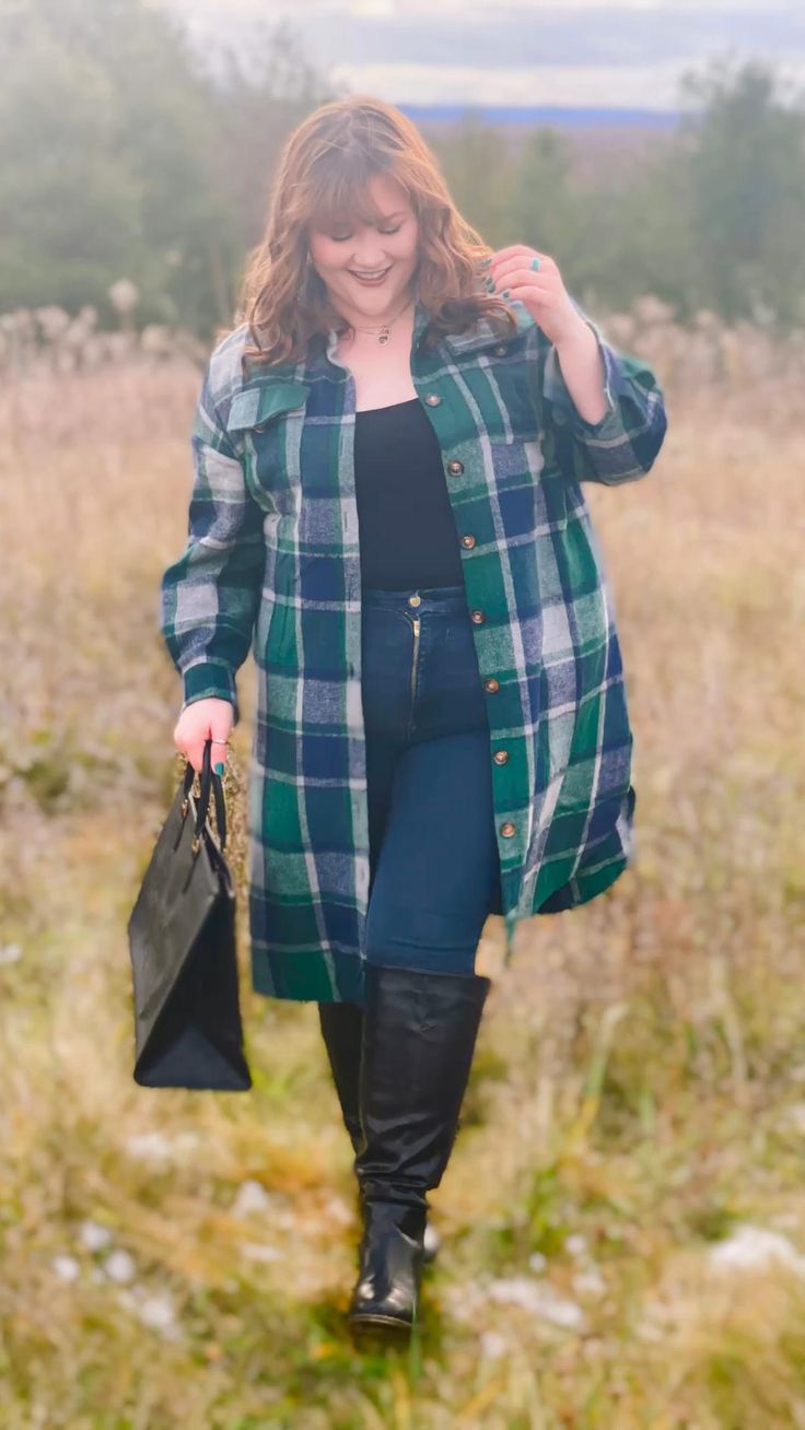 20 Plus Size Shacket Outfits That Make Fall Layering Look Effortlessly Chic - 16. Forest Green Long Shacket with Faux-Leather Leggings 1