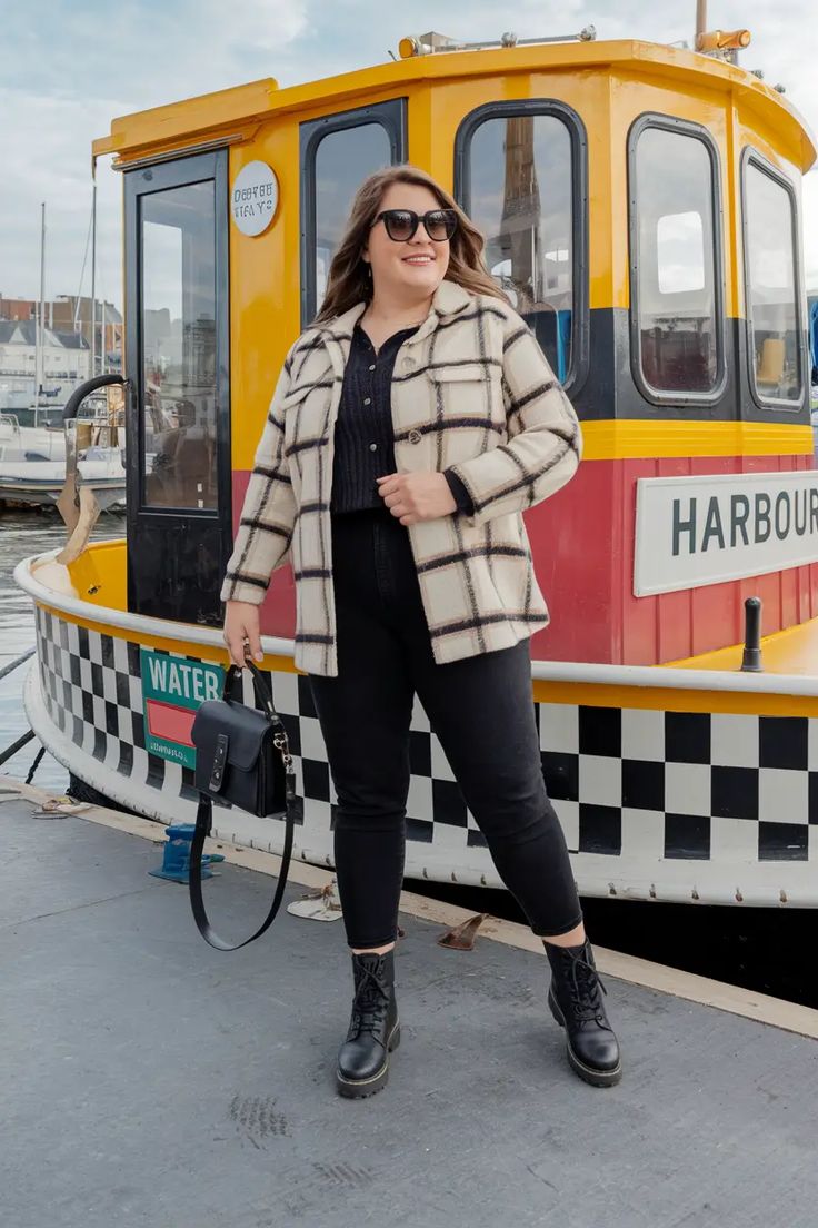 20 Plus Size Shacket Outfits That Make Fall Layering Look Effortlessly Chic - 17. Cream Plaid with a Black Top and Ankle Boots 1
