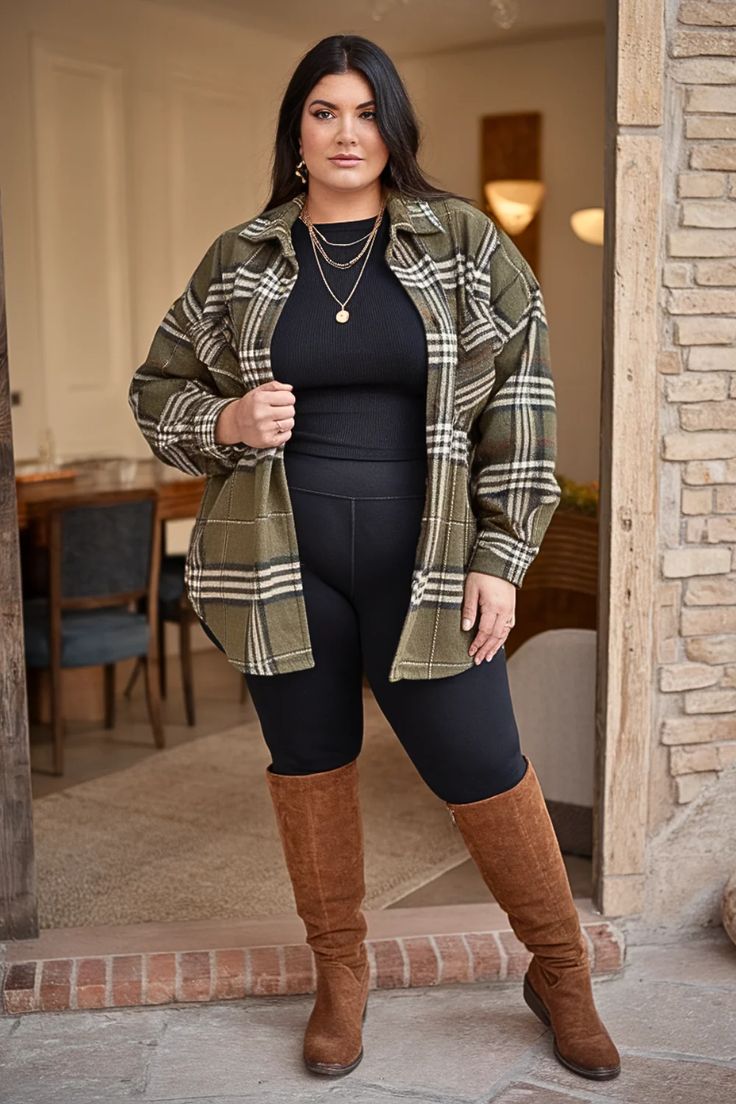20 Plus Size Shacket Outfits That Make Fall Layering Look Effortlessly Chic - 18. Olive Plaid with a Black Bodysuit and Knee-High Boots 1