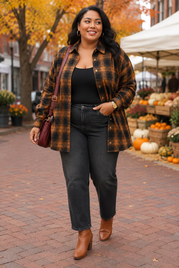 20 Plus Size Shacket Outfits That Make Fall Layering Look Effortlessly Chic - 19. Rust Plaid with Charcoal Jeans and Brown Boots 1