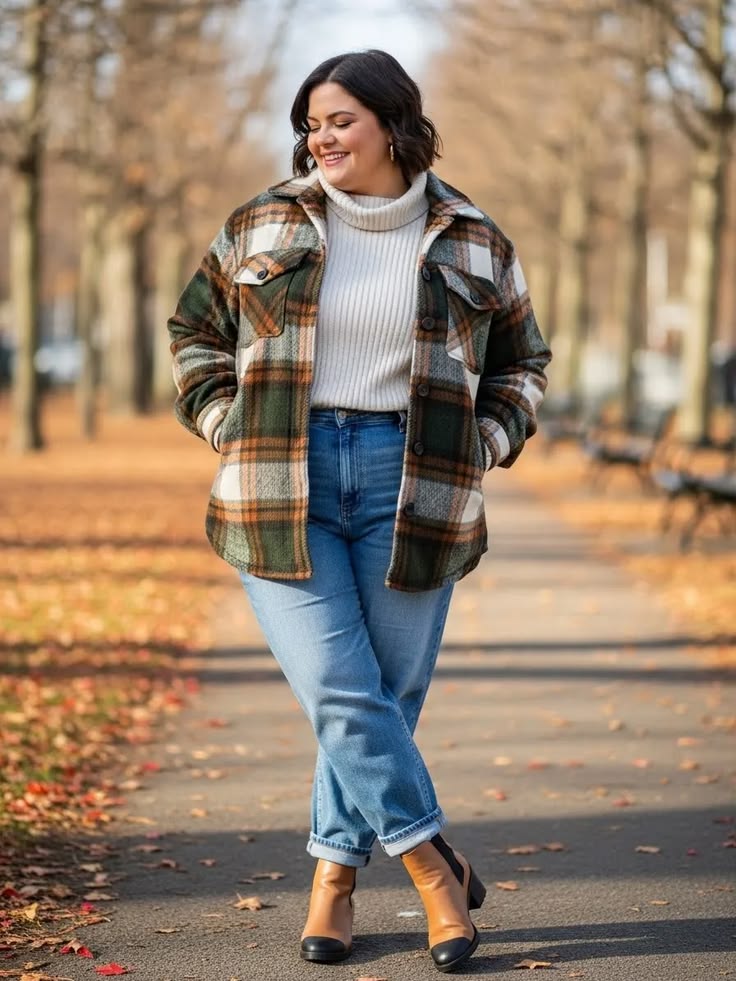 20 Plus Size Shacket Outfits That Make Fall Layering Look Effortlessly Chic - 4. Olive Plaid, Cream Turtleneck, and Straight-Leg Denim 1