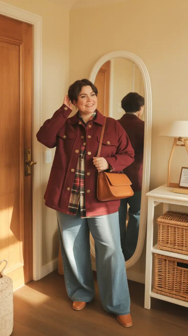 20 Plus Size Shacket Outfits That Make Fall Layering Look Effortlessly Chic - 6. Wine-Red Jacket with a Plaid Shirt and Wide-Leg Jeans 1