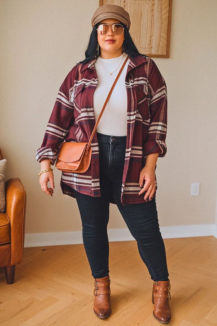 20 Plus Size Shacket Outfits That Make Fall Layering Look Effortlessly Chic - 7. Burgundy Patterned Shacket with a White Tee and Dark Denim 1