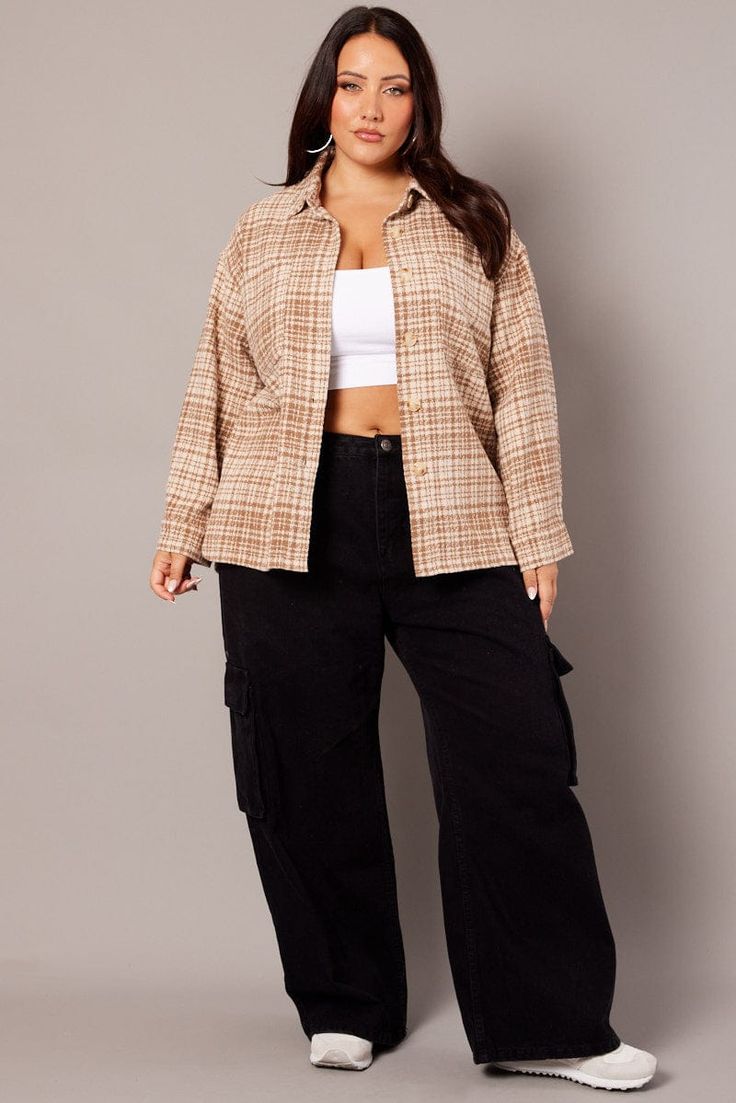 20 Plus Size Shacket Outfits That Make Fall Layering Look Effortlessly Chic - 8. Beige Plaid, White Crop Top, and Black Cargo Pants 1