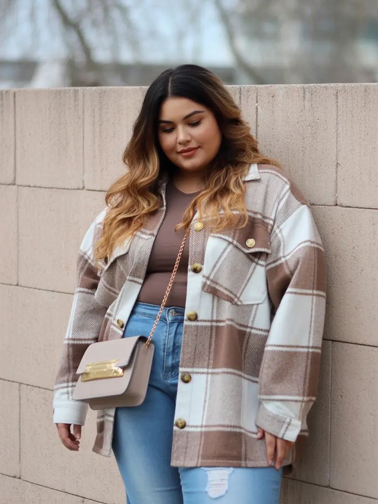 20 Plus Size Shacket Outfits That Make Fall Layering Look Effortlessly Chic - 9. Taupe Plaid with a Chocolate Top and Light-Wash Jeans 1