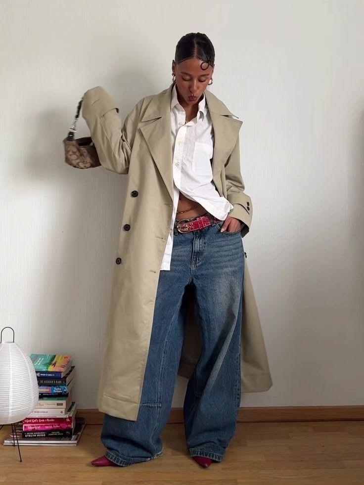 20 Street Style Trench Coat Outfits That Look Straight Out of a Fashion Magazine (#12 Is Everything!) - 10. Low-Waist Denim with a Flash of Red 1