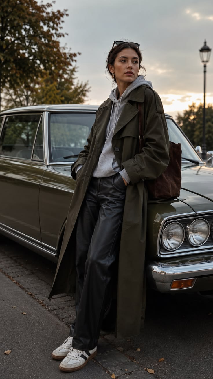 20 Street Style Trench Coat Outfits That Look Straight Out of a Fashion Magazine (#12 Is Everything!) - 5. Olive Trench, Gray Hoodie, and Leather Pants 1