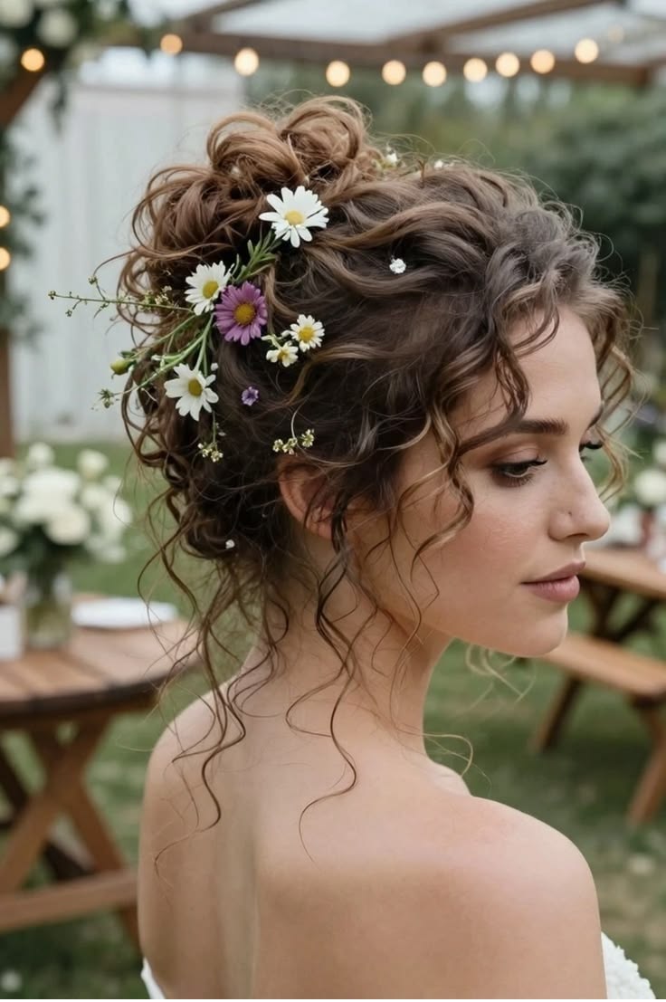 20 Stunning Curly Bridal Updos That Will Make You Feel Like the Belle of the Ball - 11. The Wildflower Meadow Bun 1