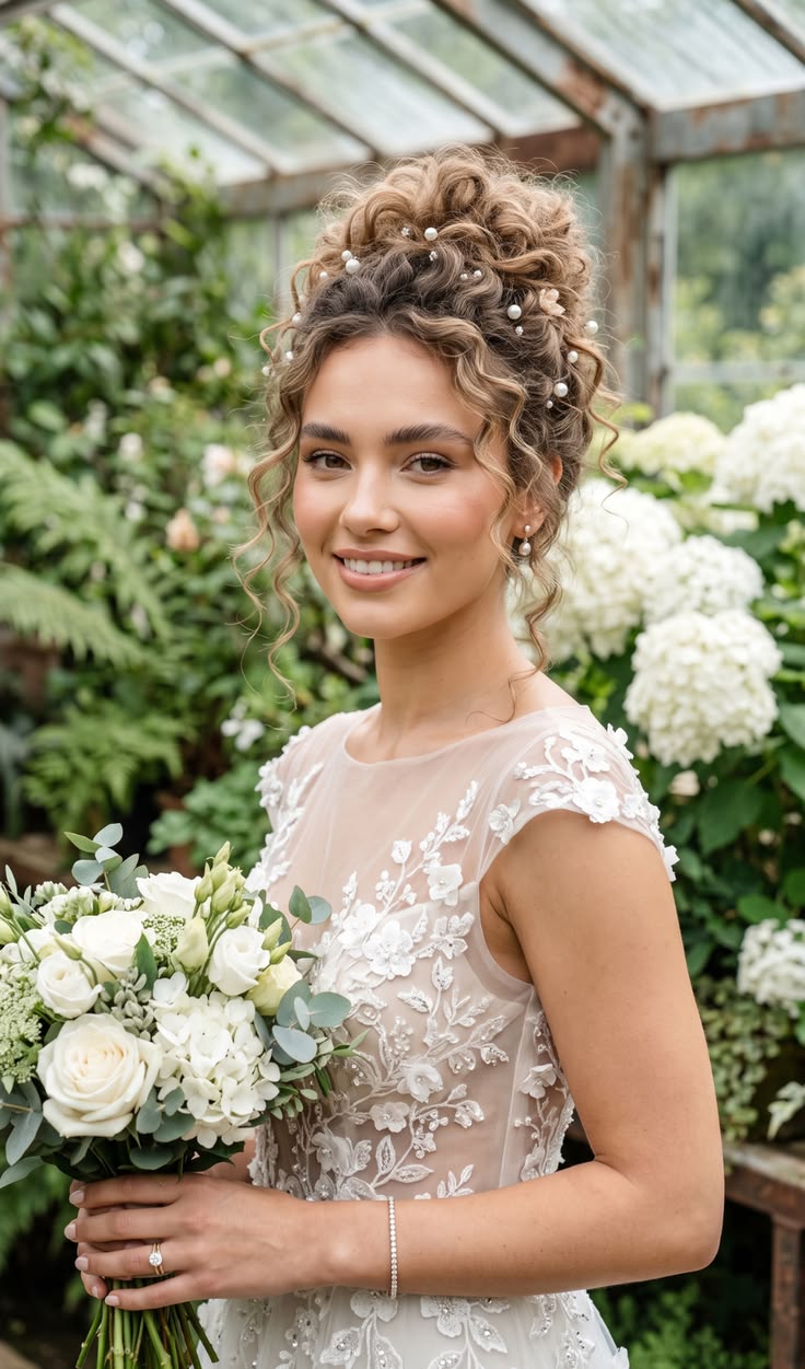 20 Stunning Curly Bridal Updos That Will Make You Feel Like the Belle of the Ball - 14. The Pearl-Dotted Garden Updo 1