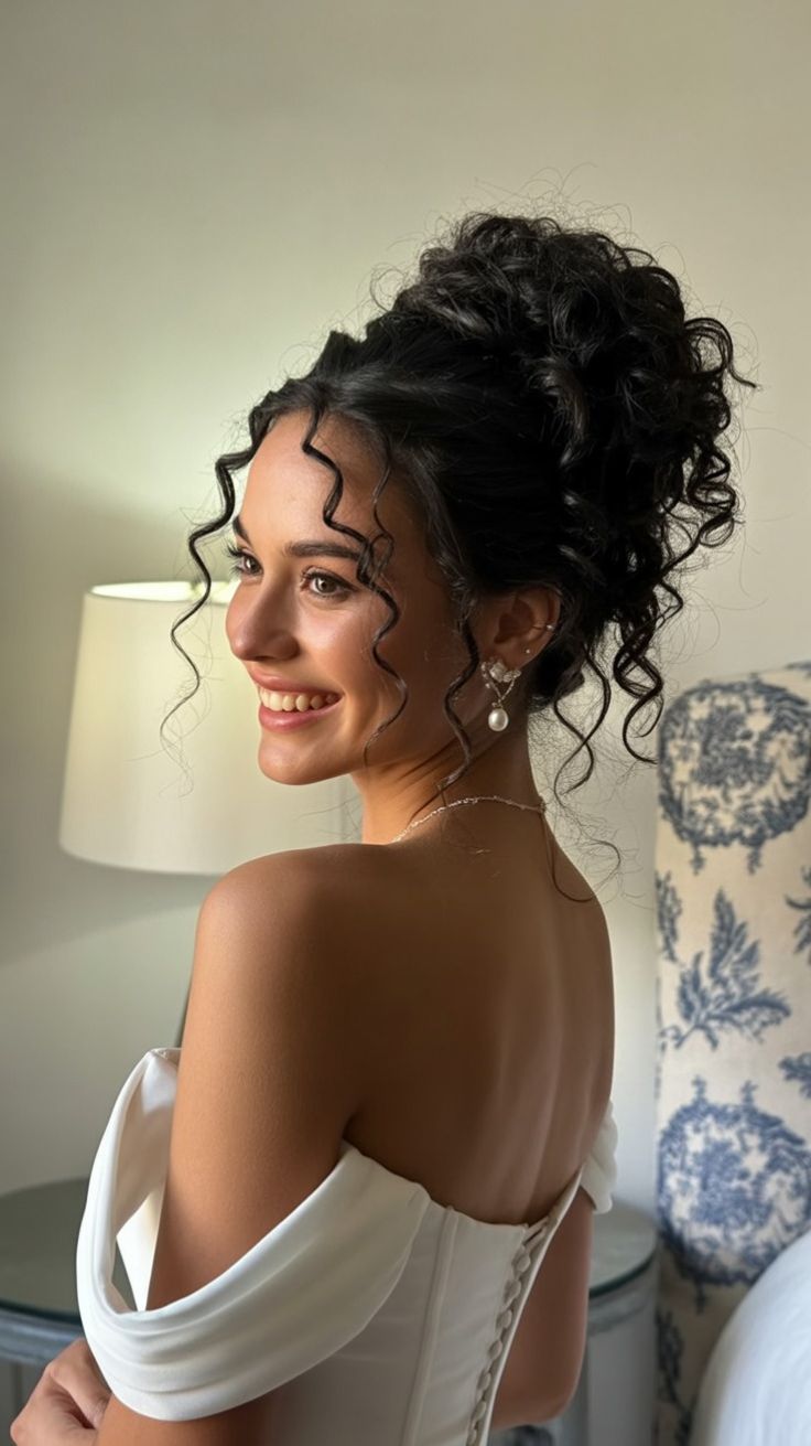 20 Stunning Curly Bridal Updos That Will Make You Feel Like the Belle of the Ball - 18. The High Black-Curl Statement Bun 1