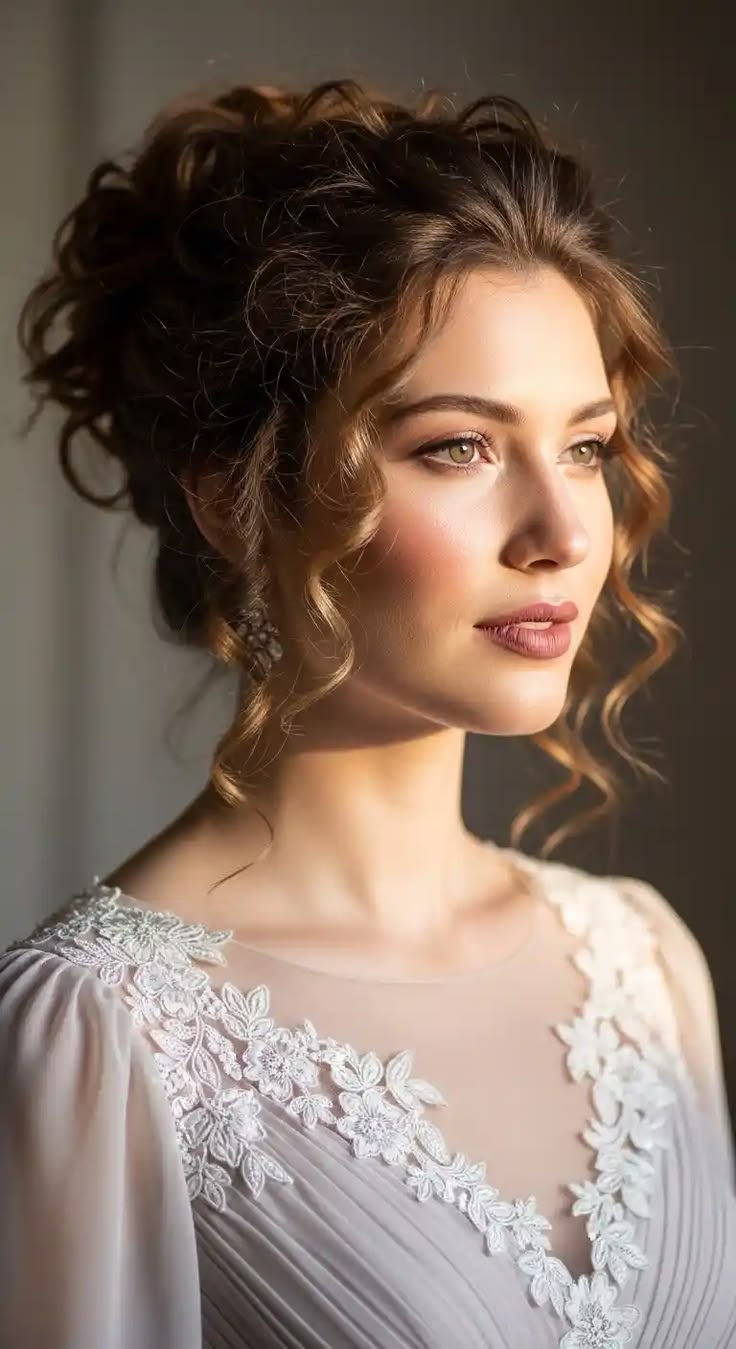 20 Stunning Curly Bridal Updos That Will Make You Feel Like the Belle of the Ball - 19. The Soft Chignon with Embroidered Romance 1