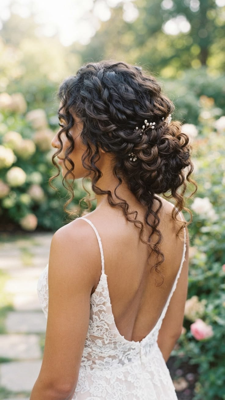 20 Stunning Curly Bridal Updos That Will Make You Feel Like the Belle of the Ball - 2. The Garden-Path Low Curly Bun 1
