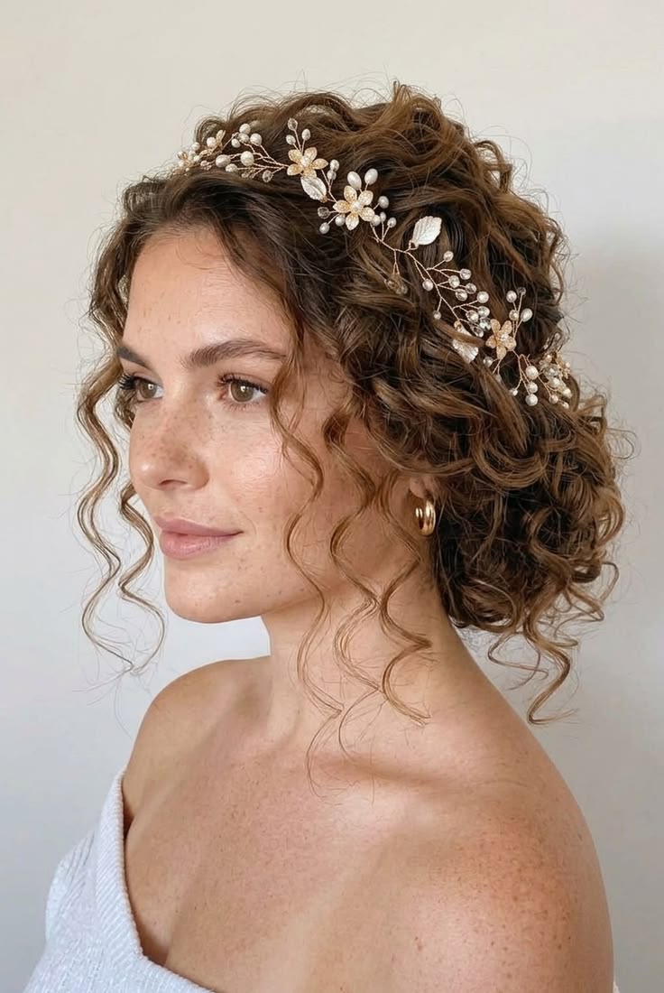 20 Stunning Curly Bridal Updos That Will Make You Feel Like the Belle of the Ball - 7. The Golden Vine Curly Crown 1