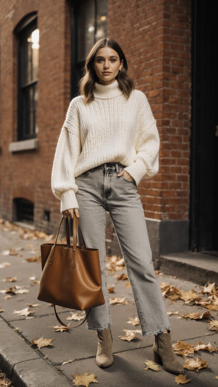 20 Sweater and Jeans Outfits That Make Casual Style Look Effortlessly Chic - 11. Winter White Turtleneck with Gray Jeans and Suede Boots 1
