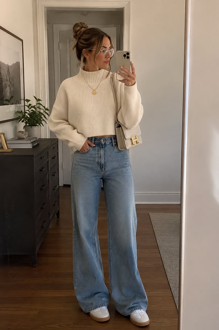 20 Sweater and Jeans Outfits That Make Casual Style Look Effortlessly Chic - 2. Cream Turtleneck, Pale Denim, and Gold Details 1