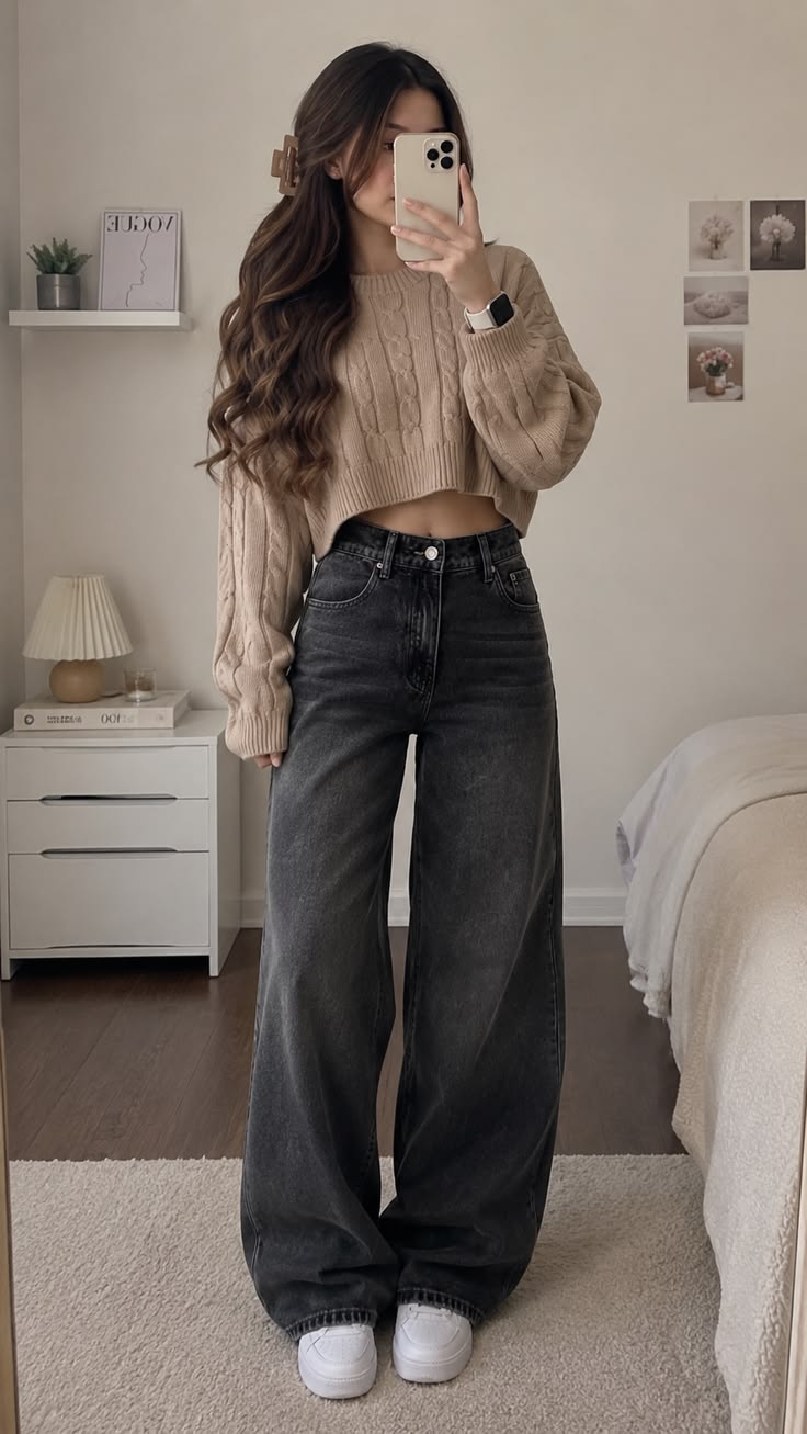 20 Sweater and Jeans Outfits That Make Casual Style Look Effortlessly Chic - 9. Cropped Cable Sweater with Charcoal Wide-Leg Denim 1