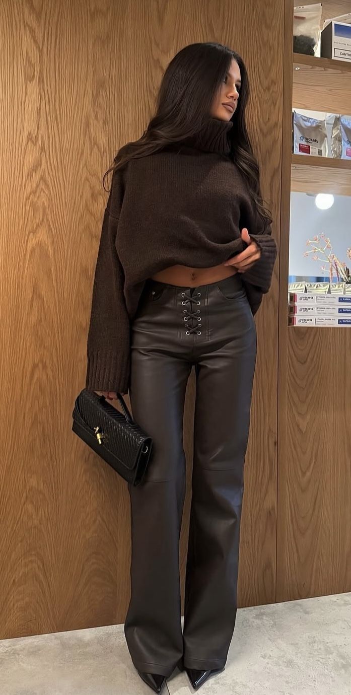 20 Winter Bar Outfits That Keep You Warm Without Sacrificing Your Style - 1. Chocolate Knit and Lace-Up Leather Pants 1
