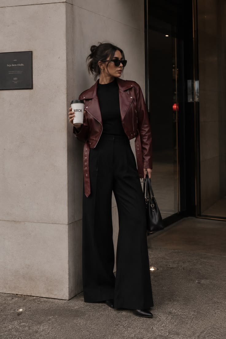 20 Winter Bar Outfits That Keep You Warm Without Sacrificing Your Style - 14. Burgundy Leather Jacket With Wide Trousers 1