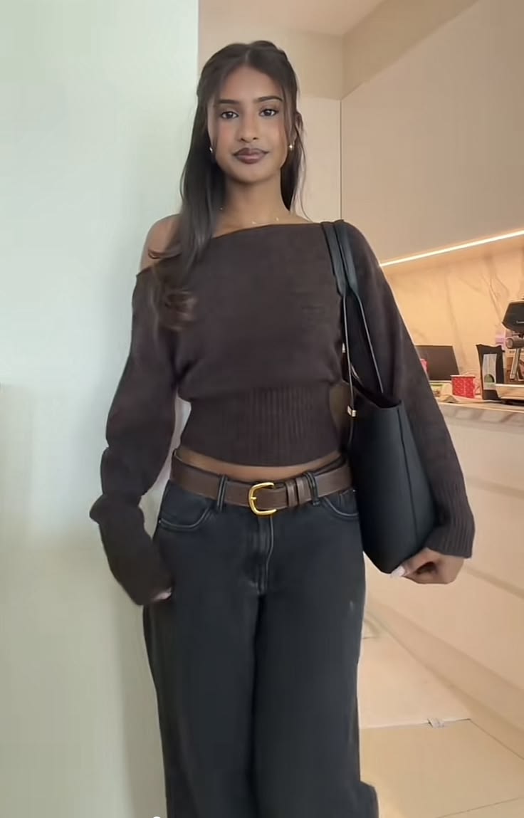 20 Winter Bar Outfits That Keep You Warm Without Sacrificing Your Style - 20. Off-Shoulder Knit With Dark Wide-Leg Jeans 1