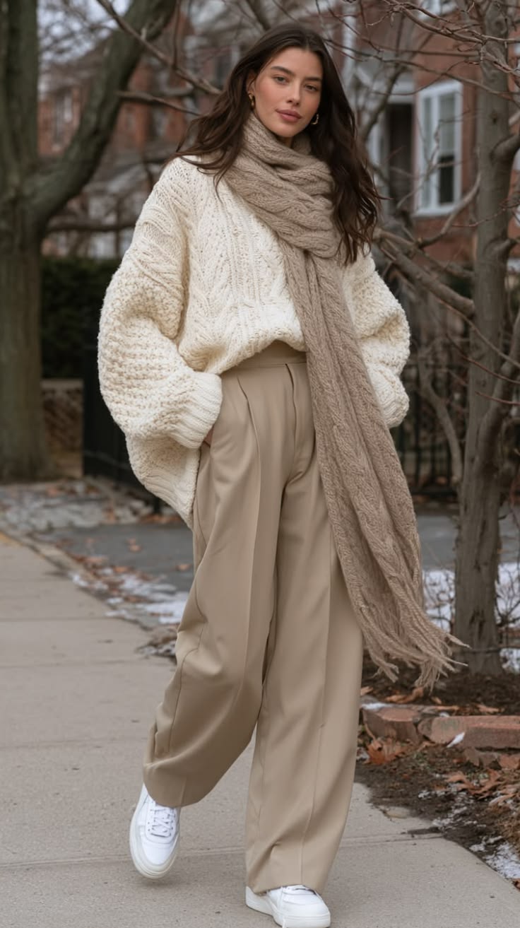 20 Winter Street Style Outfits That Look Effortlessly Cool (Even on the Coldest Days!) - 1. Cream Knit, Oatmeal Scarf, and Wide-Leg Ease 1