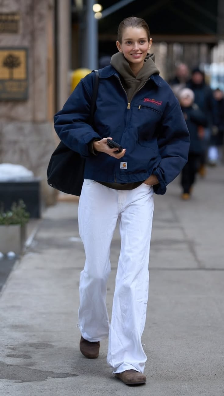 20 Winter Street Style Outfits That Look Effortlessly Cool (Even on the Coldest Days!) - 10. Workwear Jacket over a Hoodie with Winter Whites 1