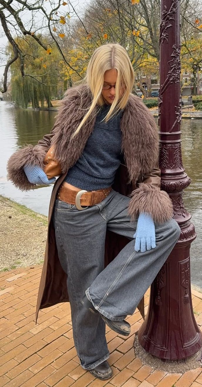20 Winter Street Style Outfits That Look Effortlessly Cool (Even on the Coldest Days!) - 17. Shearling Collar, Gray Denim, and Powder Blue Gloves 1