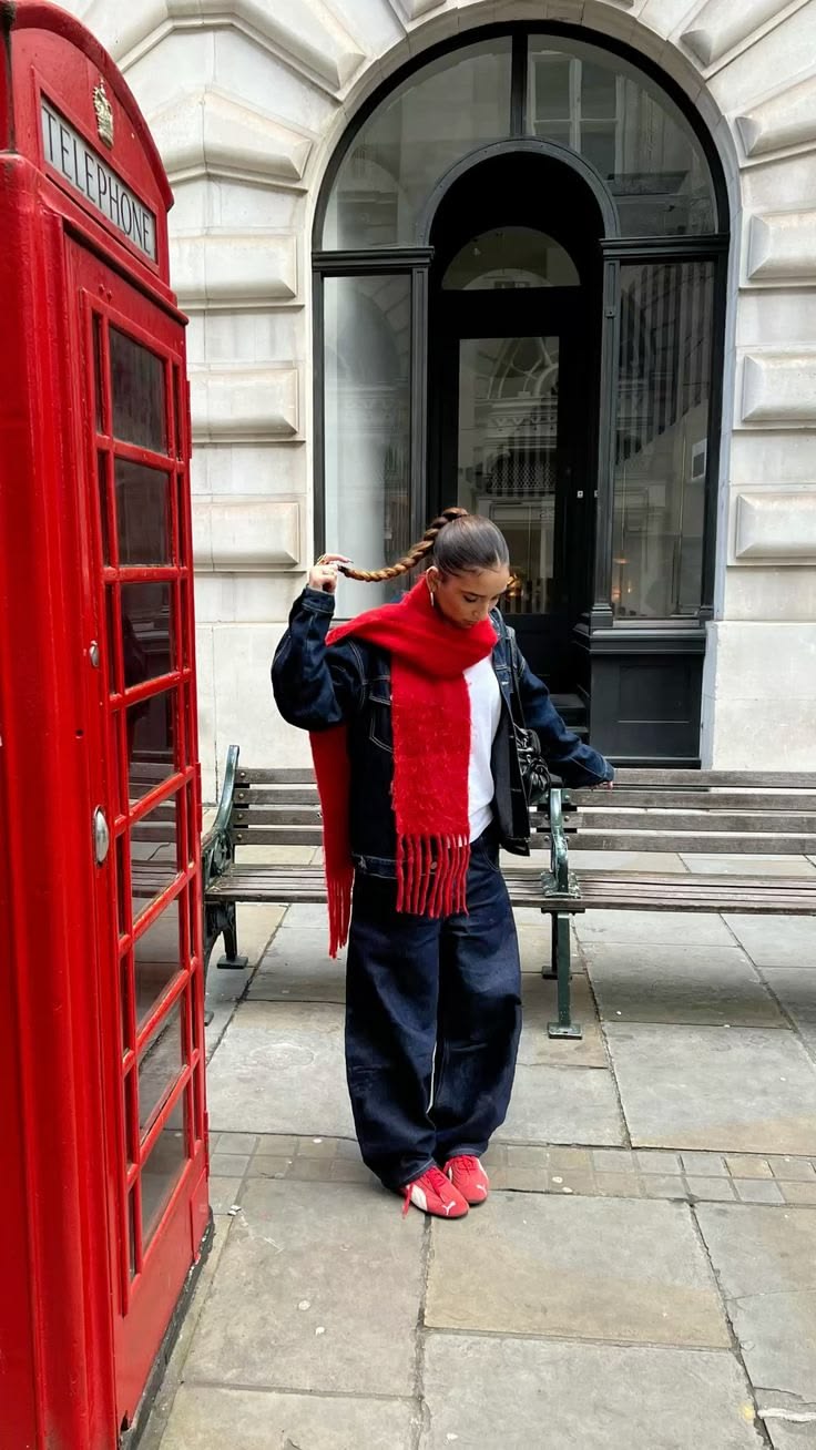 20 Winter Street Style Outfits That Look Effortlessly Cool (Even on the Coldest Days!) - 19. Red Scarf, Denim Jacket, and Matching Sneakers 1