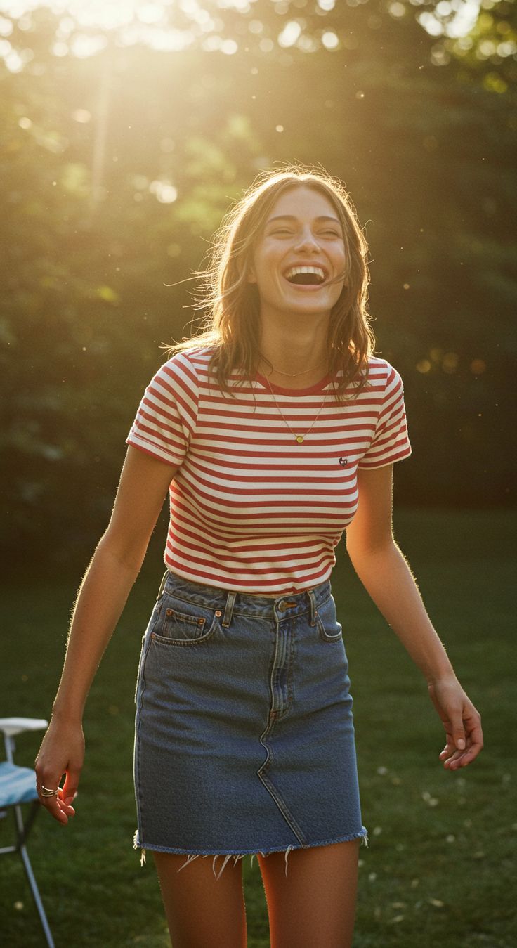 21 Casual BBQ Looks That Will Make Heads Turn (Check Out #10!) - Casual Striped Tee and Denim Skirt 1