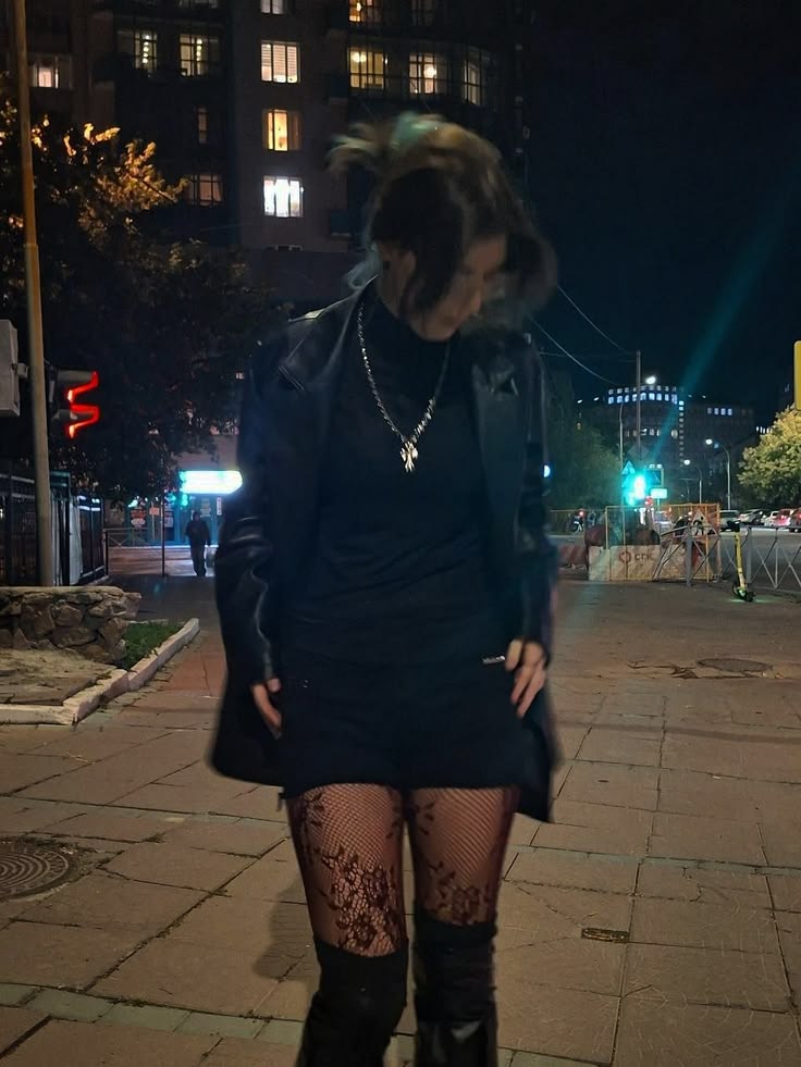 20 After-Dark Outfits That Make Dressing Up Addictively Fun - 9. Lace Tights Under a Leather Jacket 1