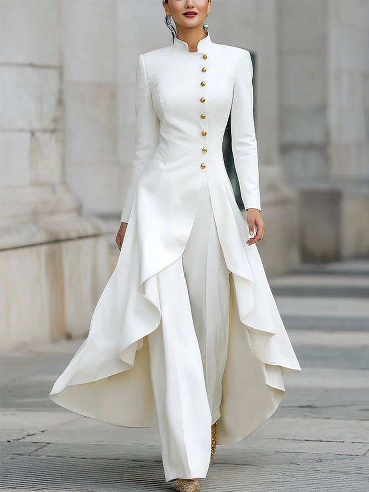 20 All-White Winter Party Outfits That Look Seriously Expensive (You’ll Want to Copy #7!) - 14. The Sculptural High-Neck Dress with a Draped Hem 1