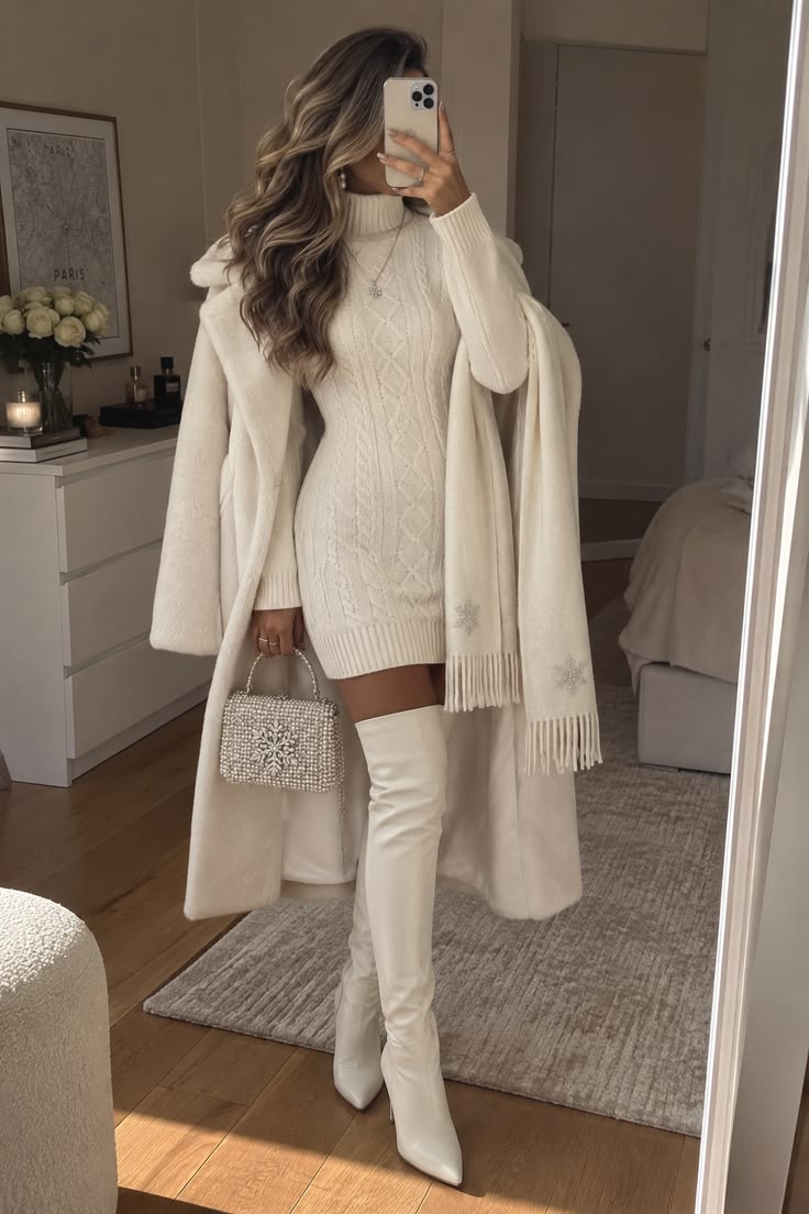 20 All-White Winter Party Outfits That Look Seriously Expensive (You’ll Want to Copy #7!) - 16. The Cable-Knit Sweater Dress with Over-the-Knee Boots 1