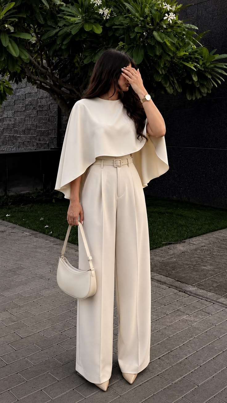 20 All-White Winter Party Outfits That Look Seriously Expensive (You’ll Want to Copy #7!) - 2. The Cape Blouse and High-Waisted Trouser Set 1