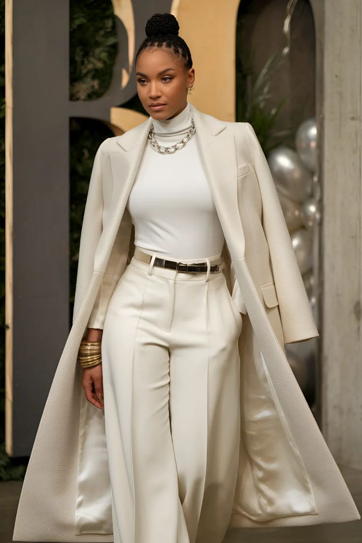 20 All-White Winter Party Outfits That Look Seriously Expensive (You’ll Want to Copy #7!) - 6. The Long Coat Over a Tonal Tailoring Base 1