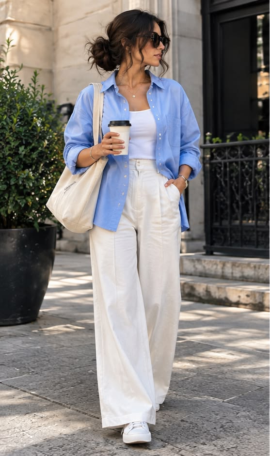 20 Blue Shirt Outfits That Make Casual Style Look Effortlessly Chic (#9 Is a Total Game-Changer!) - 1. Sky Blue Shirt, White Tank, and Easy Wide-Leg Pants 1